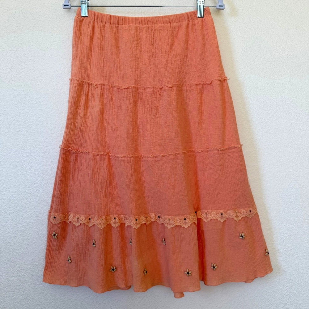 Low Rise Y2K Peach Tiered Gauze Midi Skirt Lace Trim Beaded Floral Boho‎ Earthy